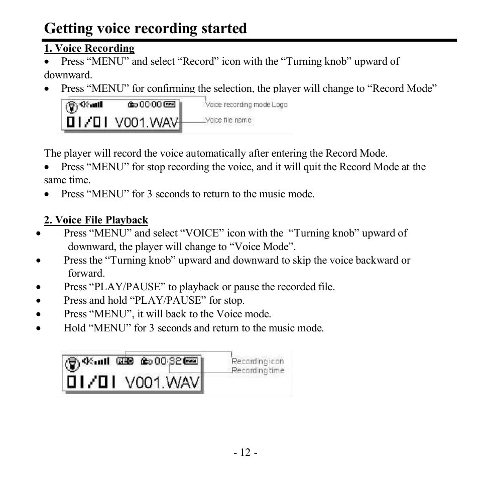 Getting voice recording started | Hyundai H-F2562 User Manual | Page 12 / 74