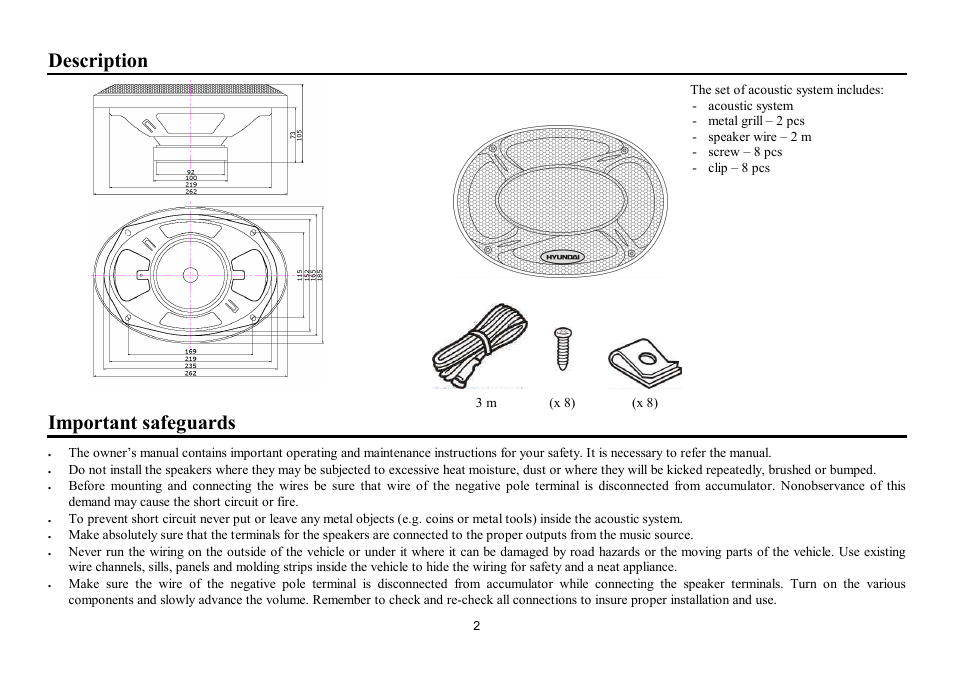 Description, Important safeguards | Hyundai H-CSA693 User Manual | Page 2 / 11