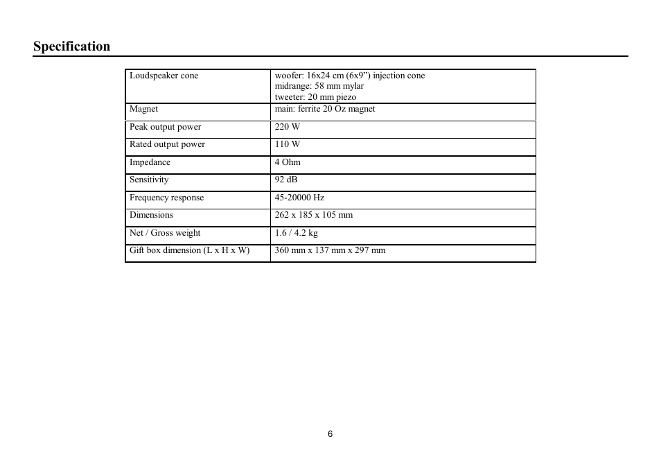 Specification | Hyundai H-CSA693 User Manual | Page 6 / 11