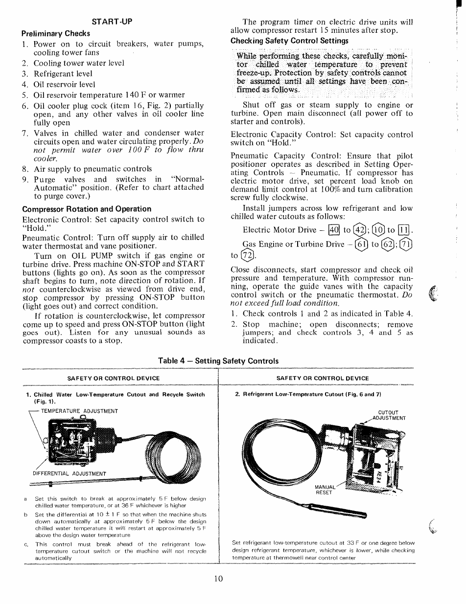 Start-up, Table 4 — setting safety controls | Carrier 17CB User Manual | Page 10 / 16