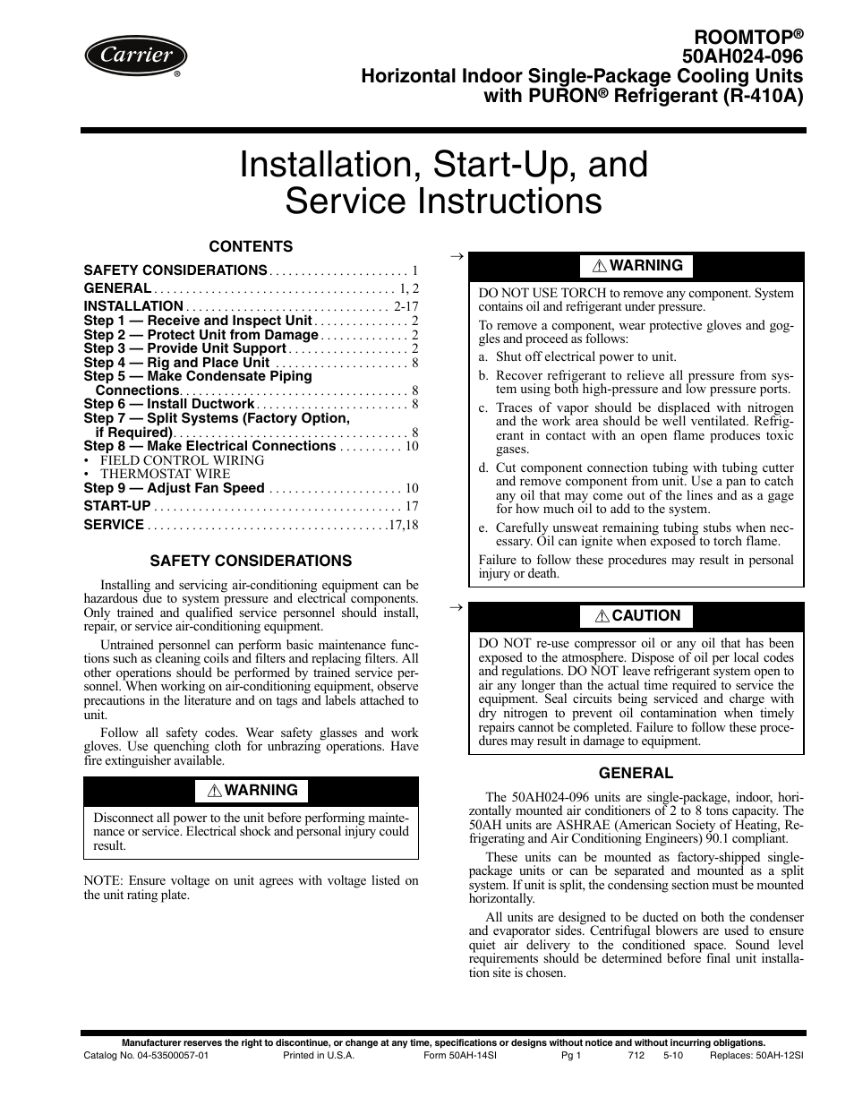 Carrier ROOMTOP 50AH024-096 User Manual | 20 pages