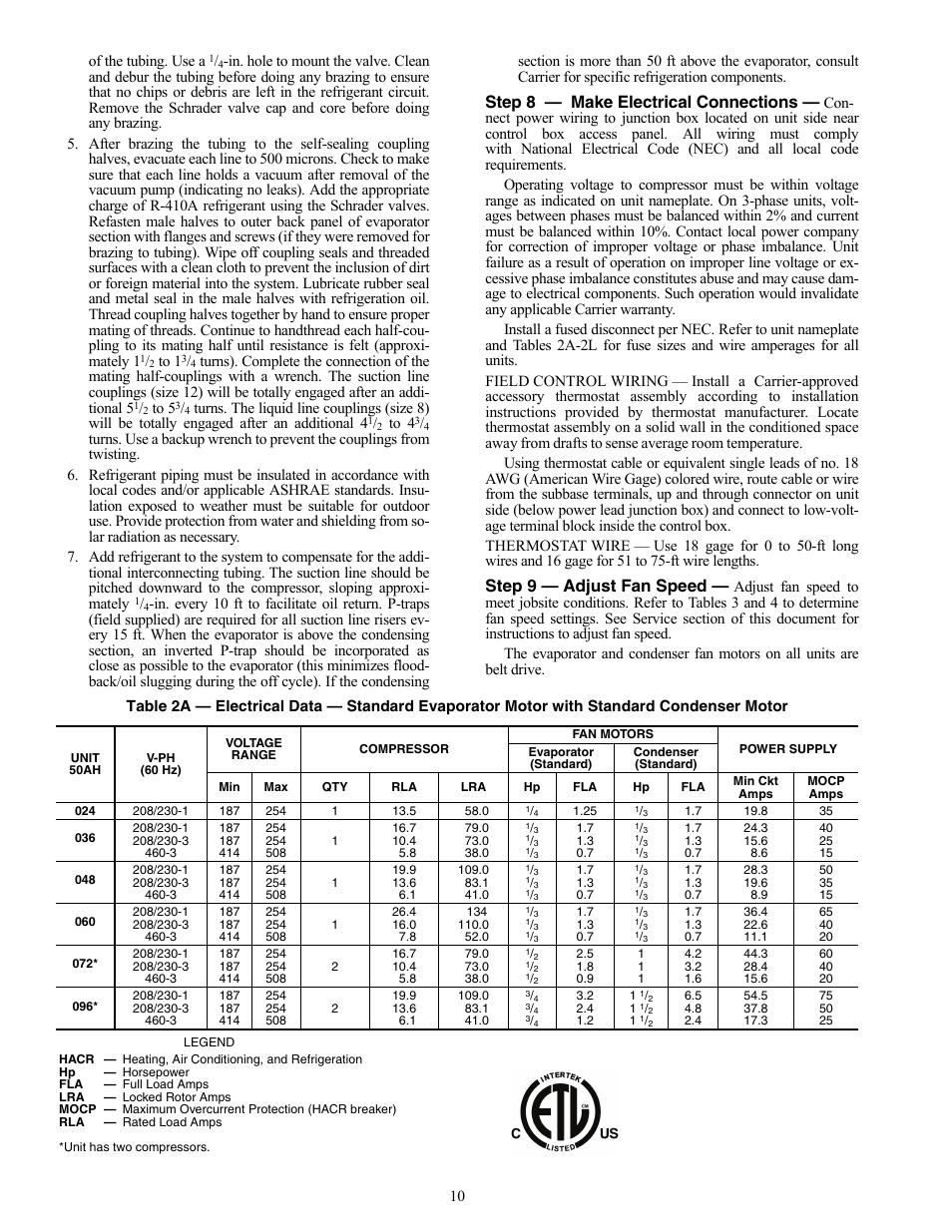 Step 8 — make electrical connections, Step 9 — adjust fan speed | Carrier ROOMTOP 50AH024-096 User Manual | Page 10 / 20