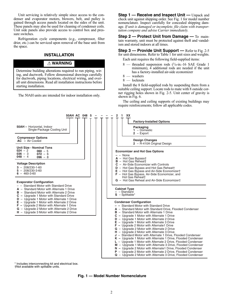 Installation, Step 1 — receive and inspect unit, Step 2 — protect unit from damage | Step 3 — provide unit support, Warning | Carrier ROOMTOP 50AH024-096 User Manual | Page 2 / 20