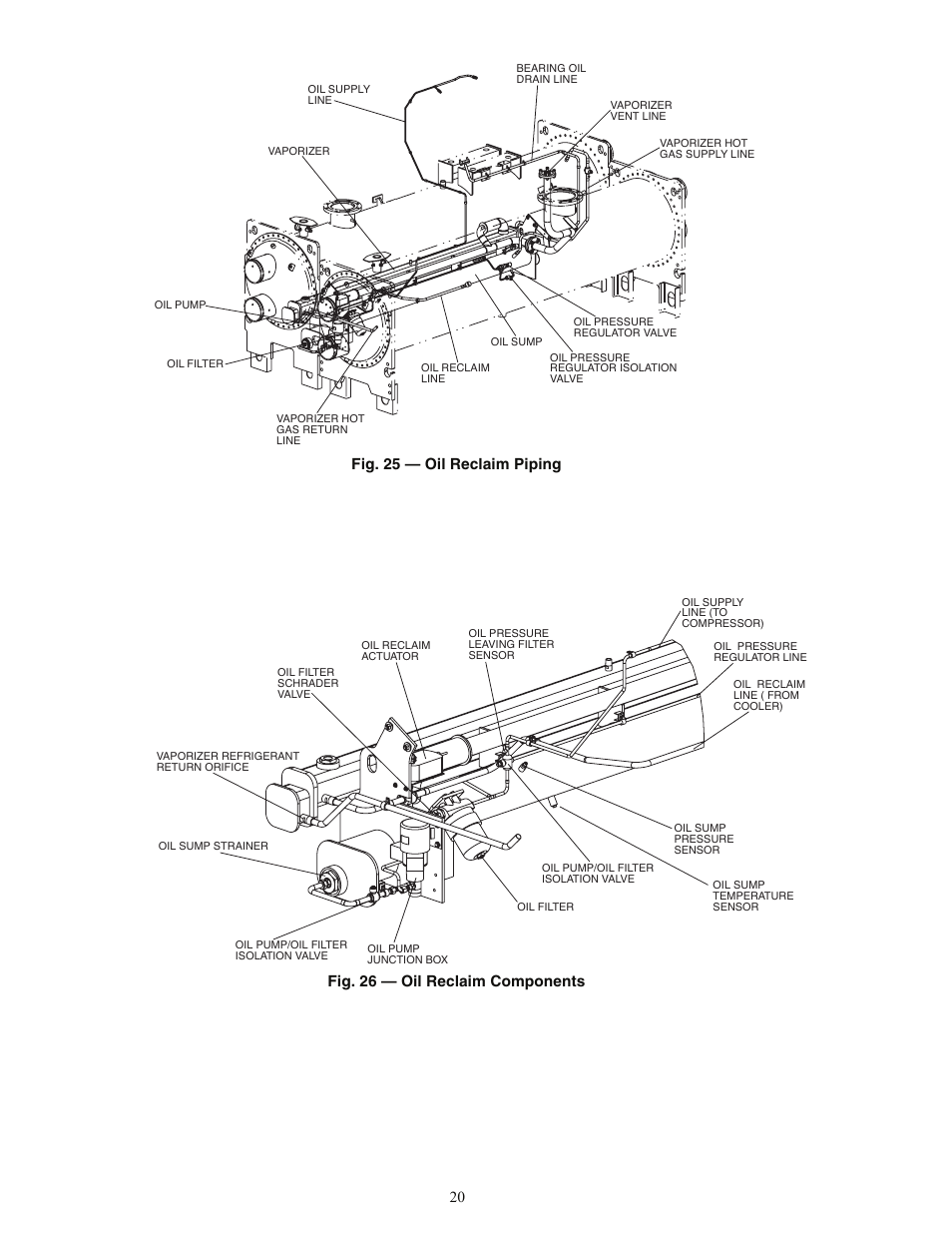 Fig. 25 — oil reclaim piping, Fig. 26 — oil reclaim components | Carrier EVERGREEN HFC-134A User Manual | Page 20 / 52