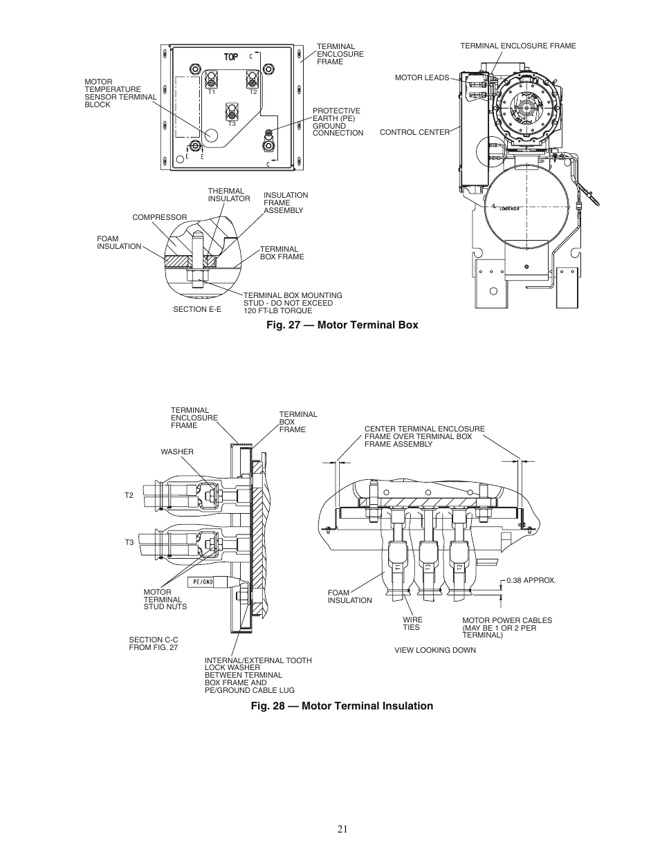 Fig. 27 — motor terminal box, Fig. 28 — motor terminal insulation | Carrier EVERGREEN HFC-134A User Manual | Page 21 / 52