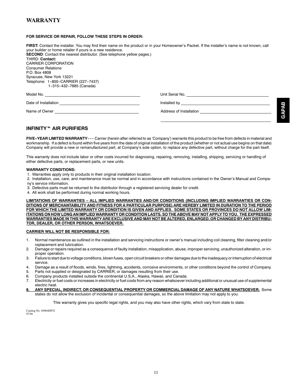 Warranty | Carrier INFINITY 2020 User Manual | Page 11 / 12