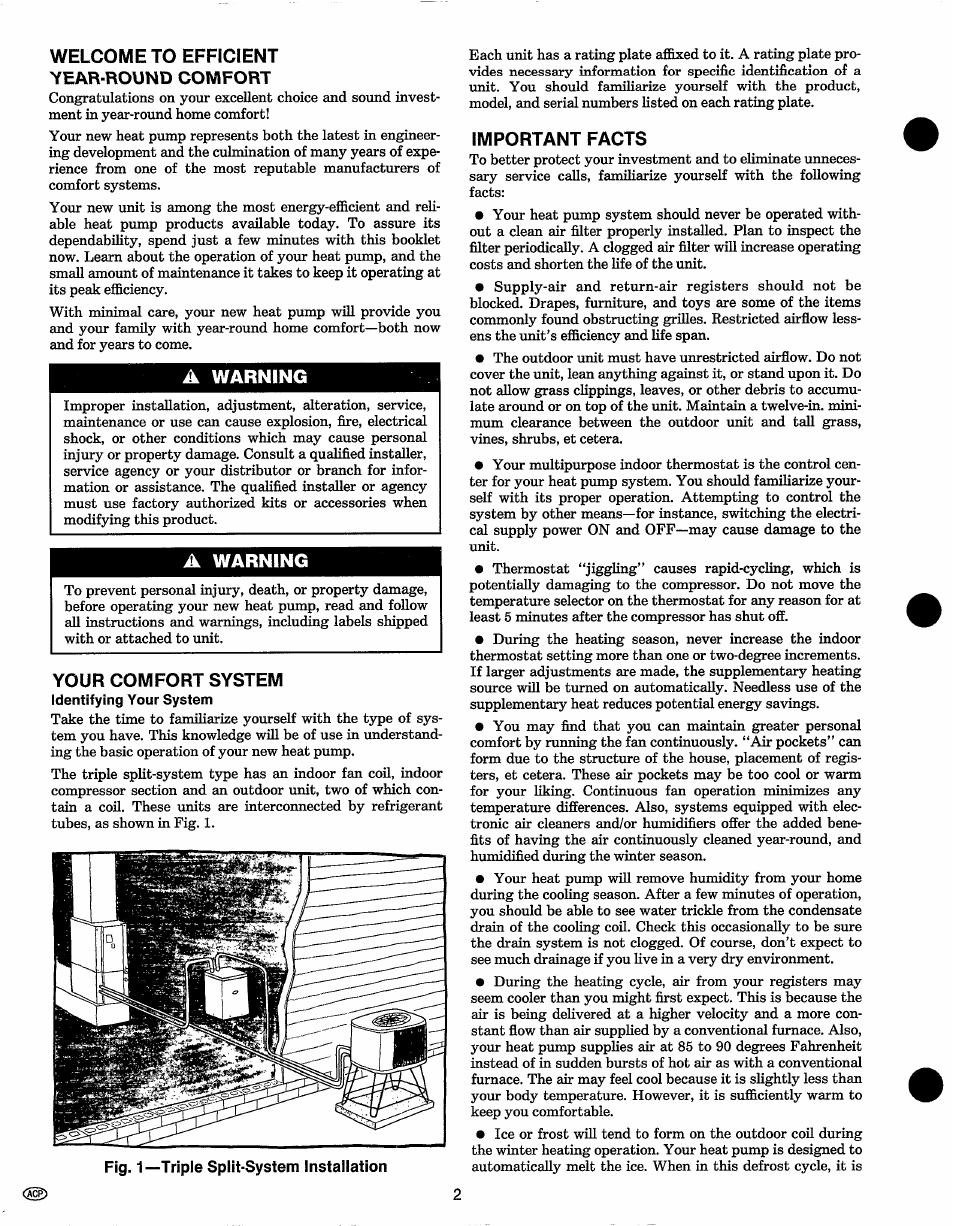 Welcome to efficient year-round comfort, A warning, Your comfort system | Important facts | Carrier WEATHERMASTER 2000 User Manual | Page 2 / 9