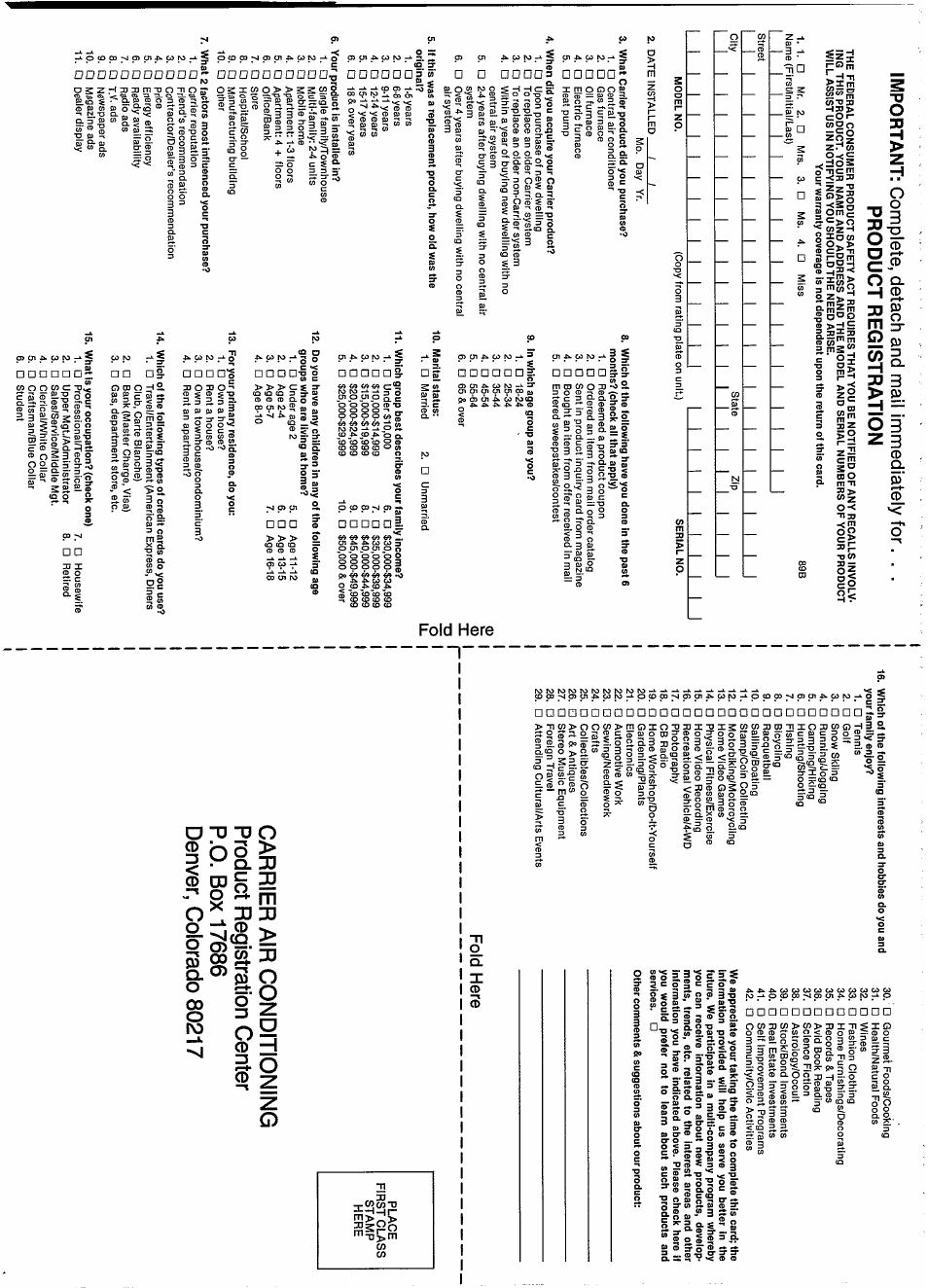 I i l, I.. i...l, Fold here | Carrier WEATHERMASTER 2000 User Manual | Page 7 / 9
