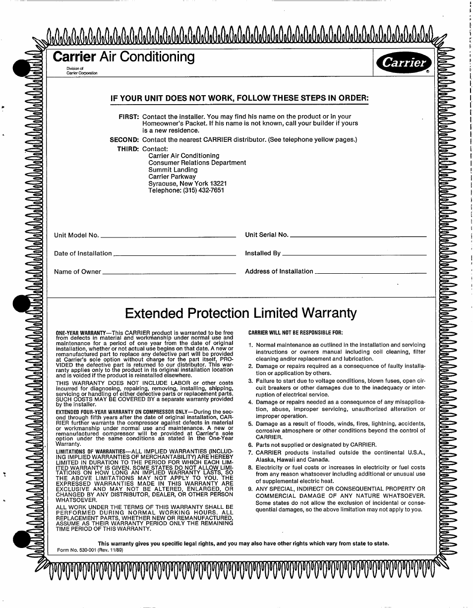 Extended protection limited warranty | Carrier WEATHERMASTER 2000 User Manual | Page 8 / 9