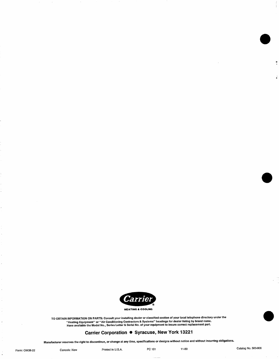 Carrier corporation • syracuse, new york 13221 | Carrier WEATHERMASTER 2000 User Manual | Page 9 / 9