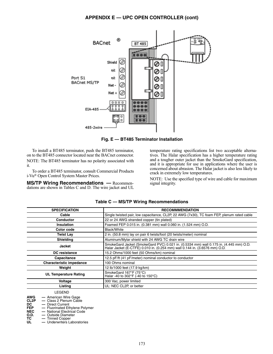 Appendix e — upc open controller (cont), Ms/tp wiring recommendations | Carrier WEATHERMAKER 48/50AJ User Manual | Page 173 / 190