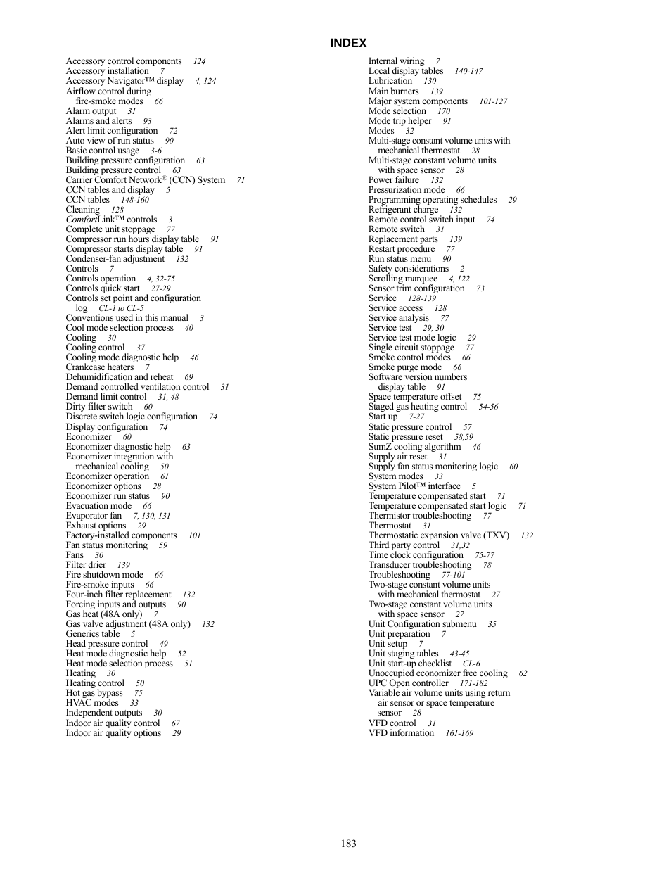 Index | Carrier WEATHERMAKER 48/50AJ User Manual | Page 183 / 190