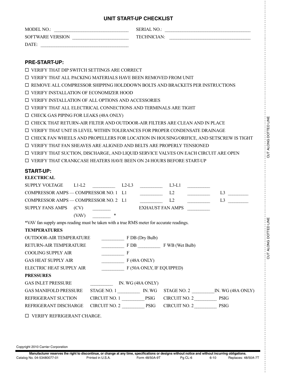 Unit start-up checklist, Pre-start-up, Start-up | Carrier WEATHERMAKER 48/50AJ User Manual | Page 190 / 190
