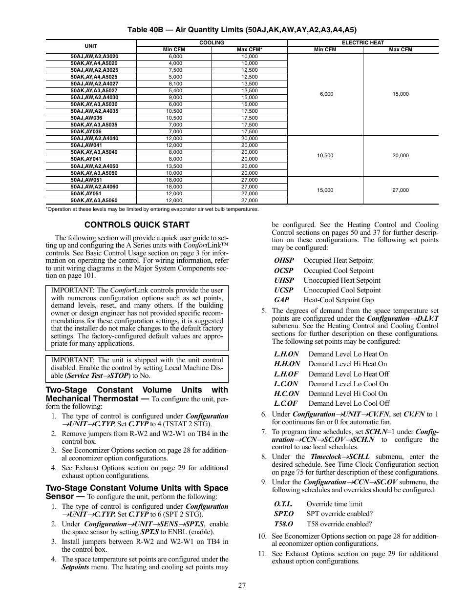 Controls quick start, Two-stage constant volume units with space sensor | Carrier WEATHERMAKER 48/50AJ User Manual | Page 27 / 190
