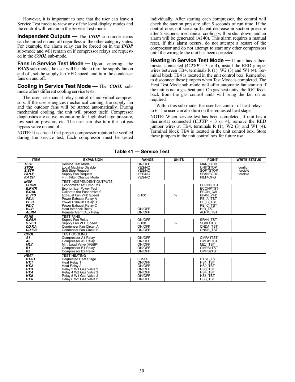 Independent outputs, Fans in service test mode, Cooling in service test mode | Heating in service test mode | Carrier WEATHERMAKER 48/50AJ User Manual | Page 30 / 190