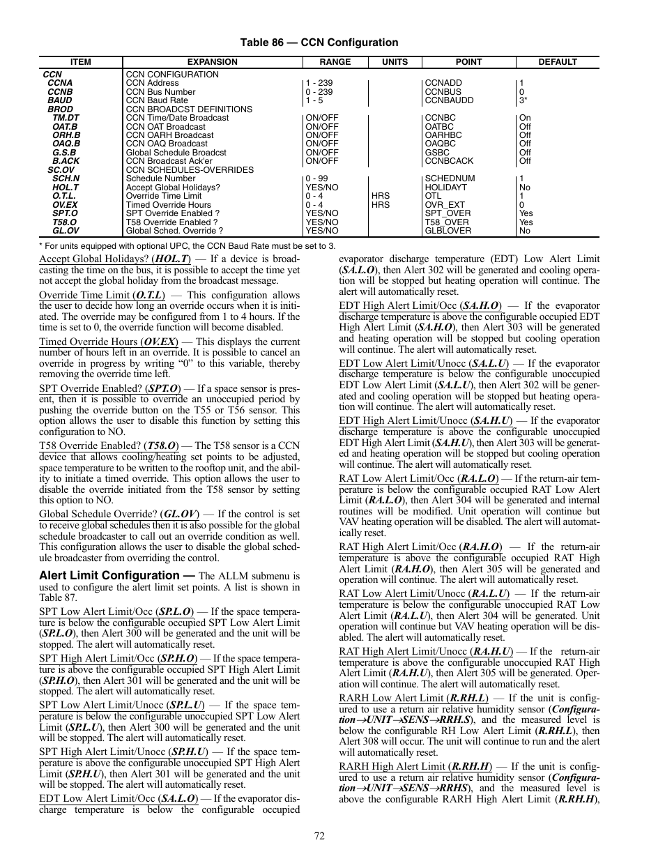 Alert limit configuration | Carrier WEATHERMAKER 48/50AJ User Manual | Page 72 / 190
