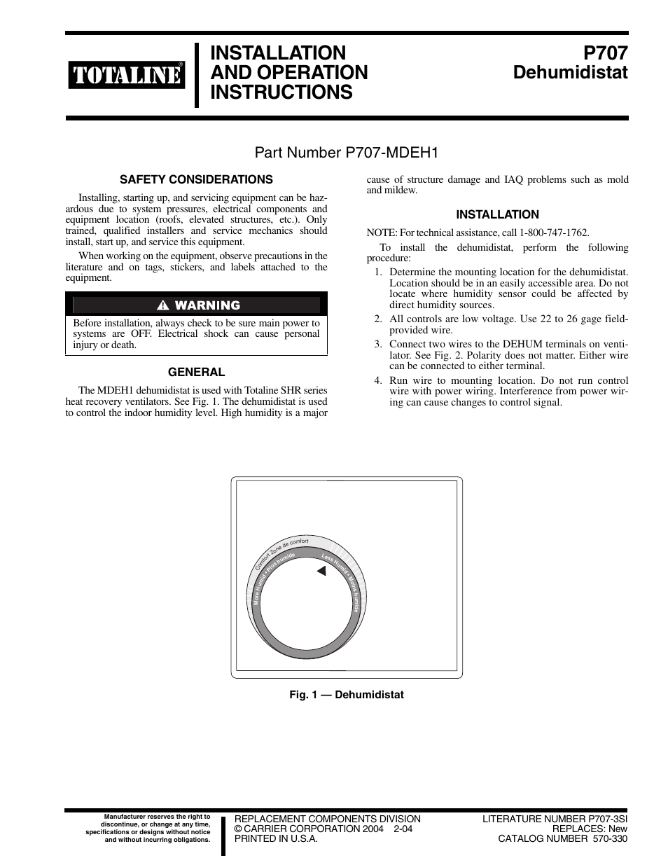 Carrier TOTALINE P707 User Manual | 4 pages