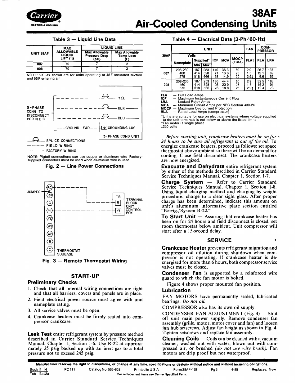 38af air-cooled condensing units, Table 3 — liquid line data, Fig. 2 — line power connections | Carrier 38AF User Manual | Page 3 / 6