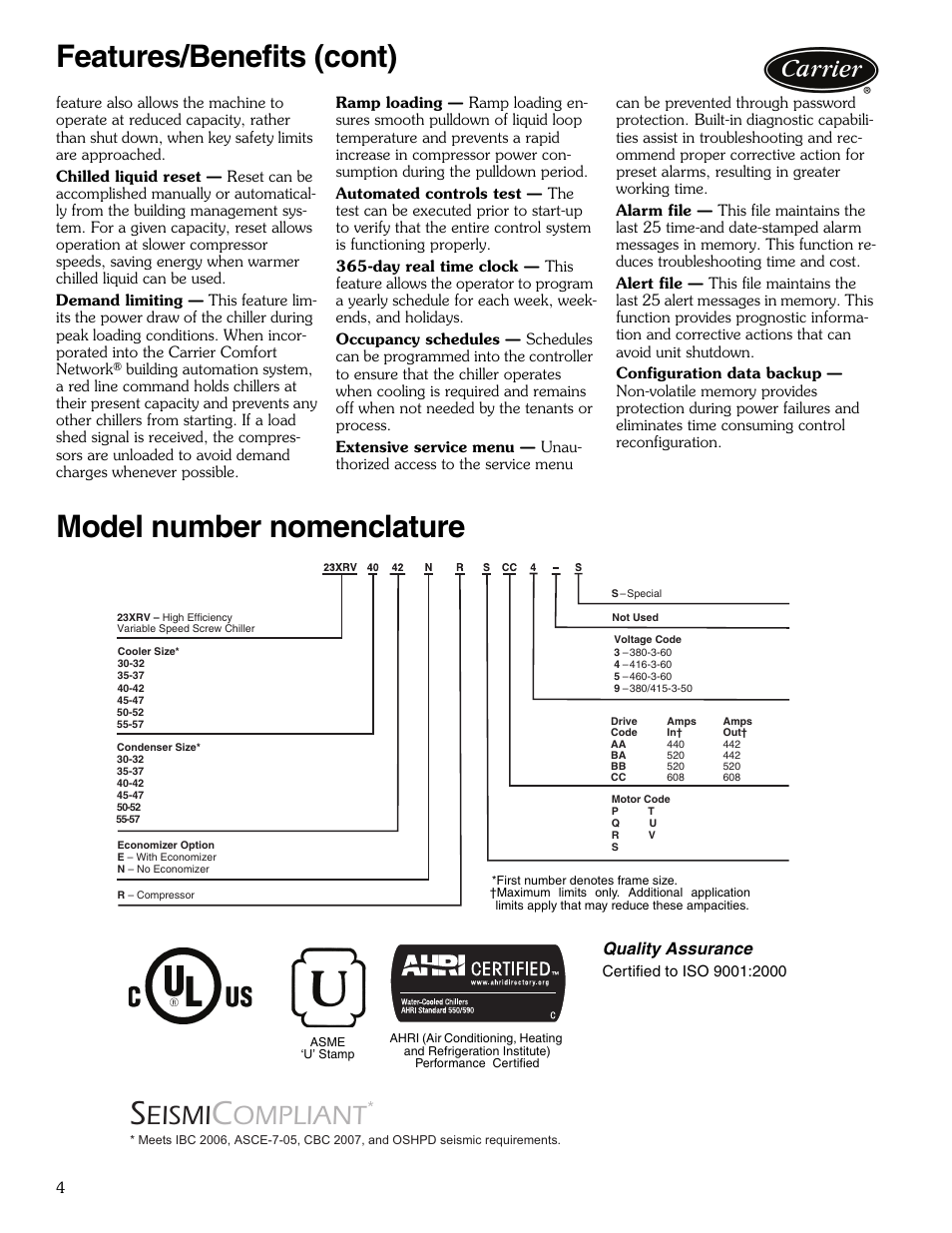 Model number nomenclature, Features/benefits (cont), Eismi | Ompliant | Carrier EVERGREEN 23XRV User Manual | Page 4 / 32