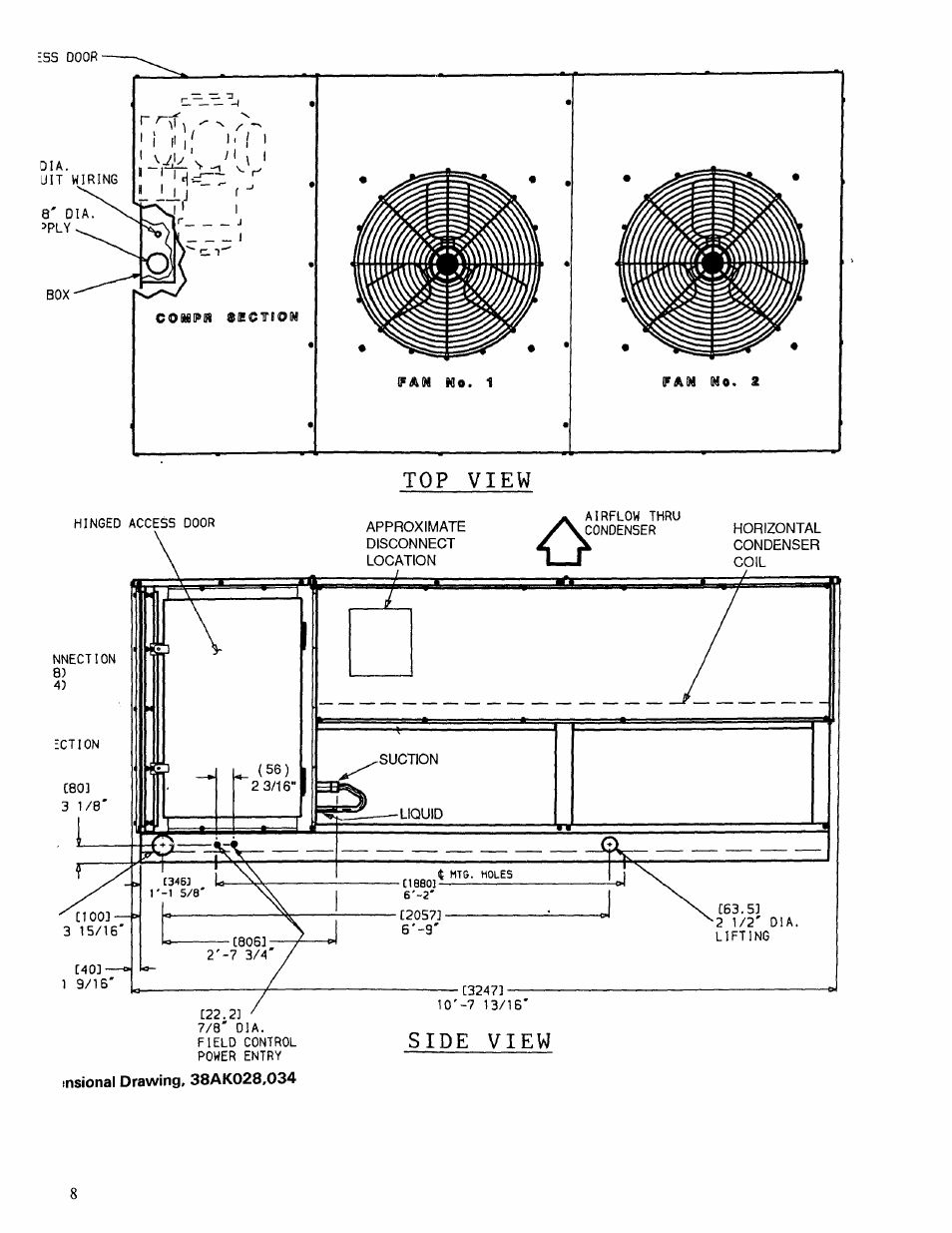 Top view, Insional drawing, 38ak028,034 | Carrier 38AK024-044 User Manual | Page 10 / 24