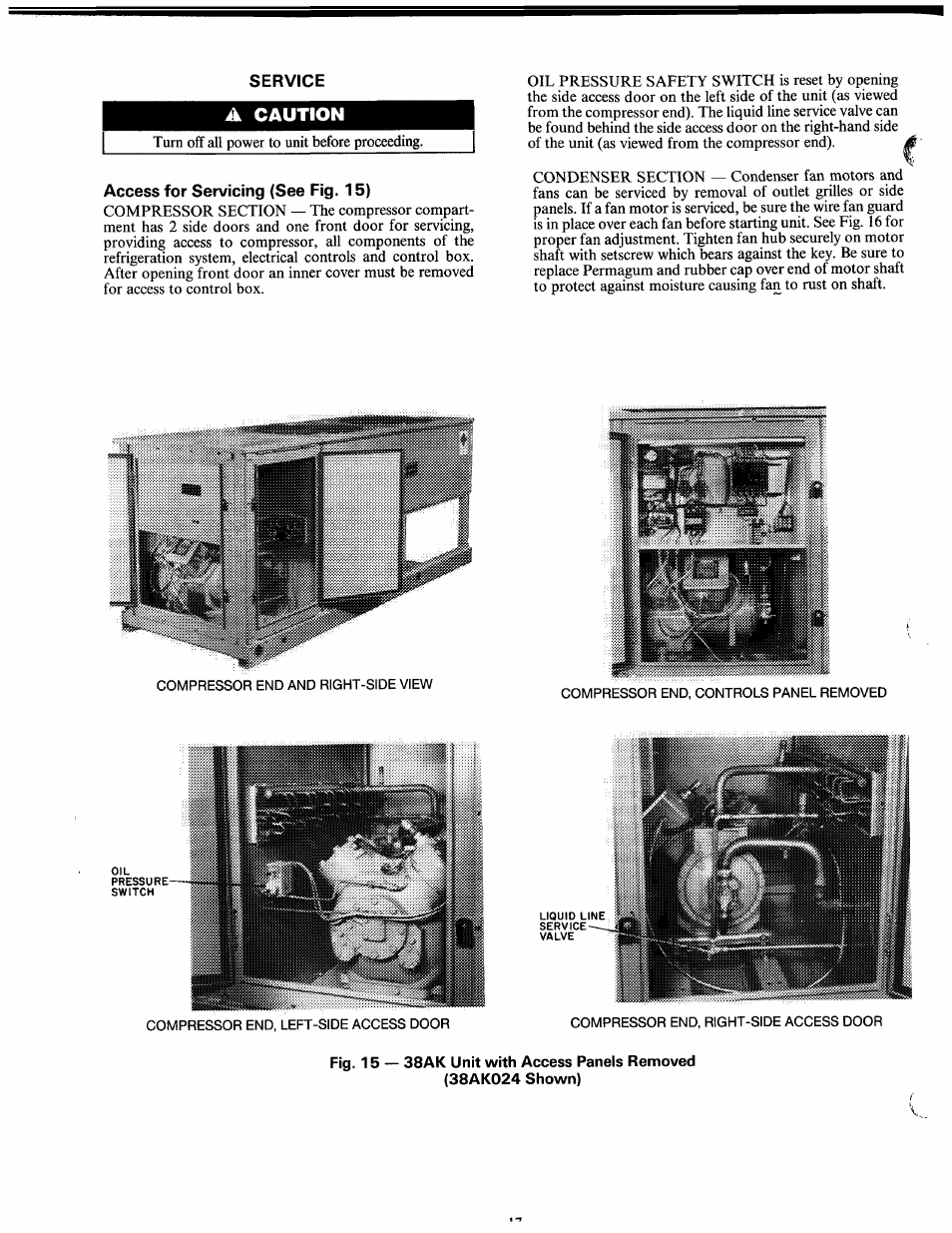 Service, A caution, Access for servicing (see fig. 15) | Service -19 | Carrier 38AK024-044 User Manual | Page 20 / 24