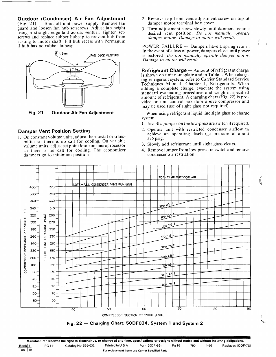 Outdoor (condenser) air fan adjustment, Damper vent position setting | Carrier 50DF034 User Manual | Page 16 / 16