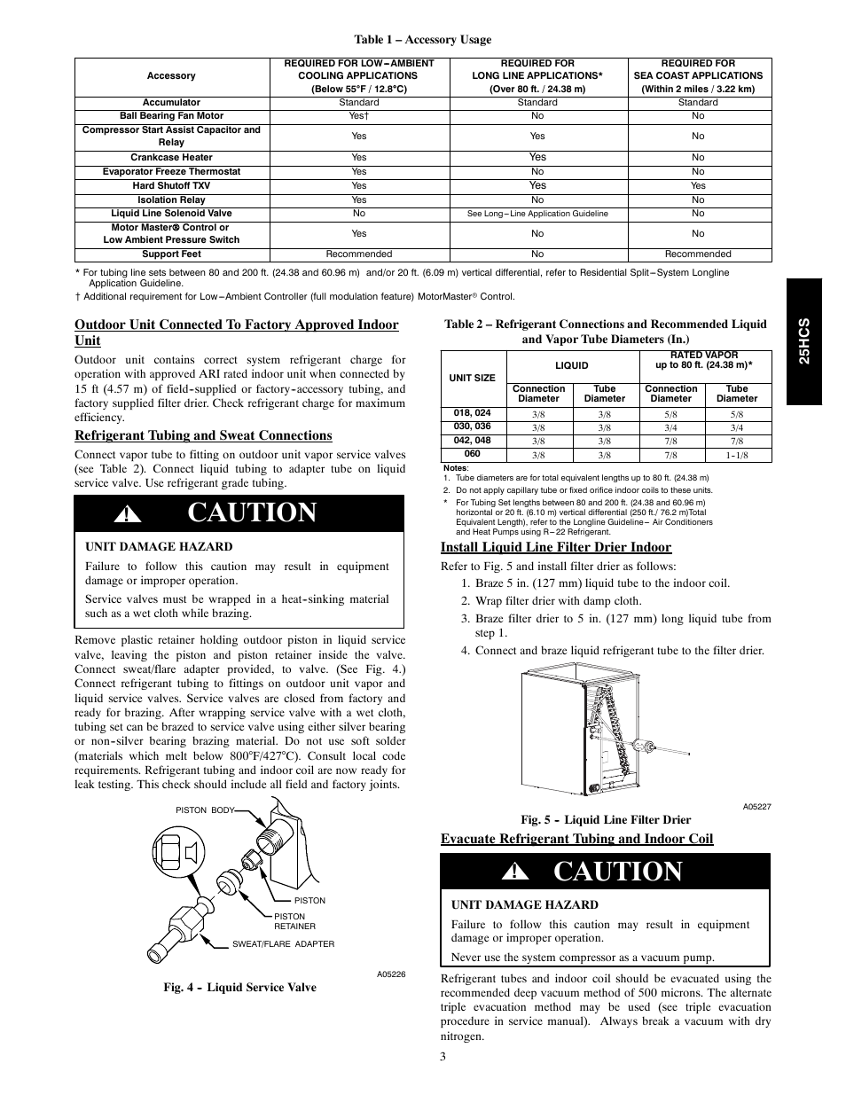 Caution, Refrigerant tubing and sweat connections, Install liquid line filter drier indoor | Evacuate refrigerant tubing and indoor coil, 25h c s | Carrier COMFORT 25HCS User Manual | Page 3 / 6