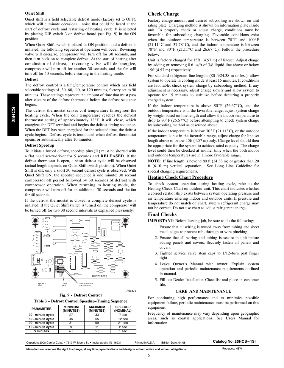 Check charge, Final checks, Heating check chart procedure | 25h c s | Carrier COMFORT 25HCS User Manual | Page 6 / 6