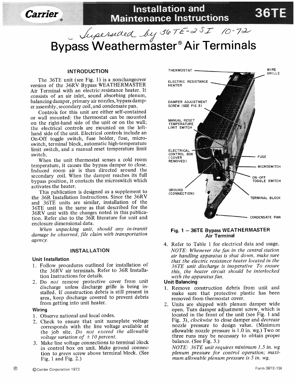 Carrier WEATHERMASTER 36TE User Manual | 4 pages
