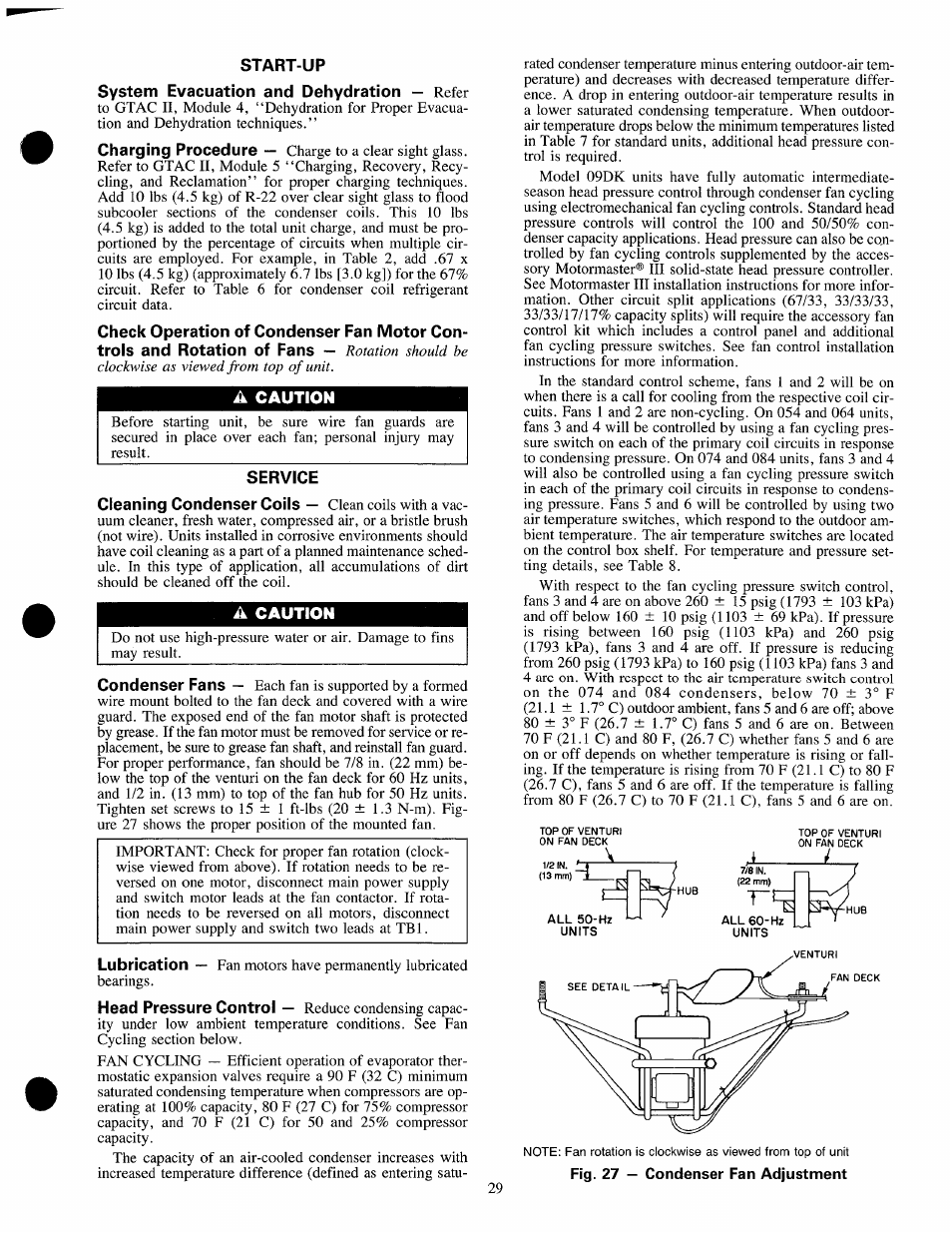 A caution, Fig. 27 — condenser fan adjustment | Carrier 09DK054-084 User Manual | Page 29 / 32