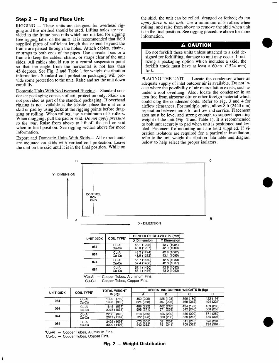 Fig. 2 — weight distribution, Step 2 — rig and place unit, A caution | Carrier 09DK054-084 User Manual | Page 4 / 32