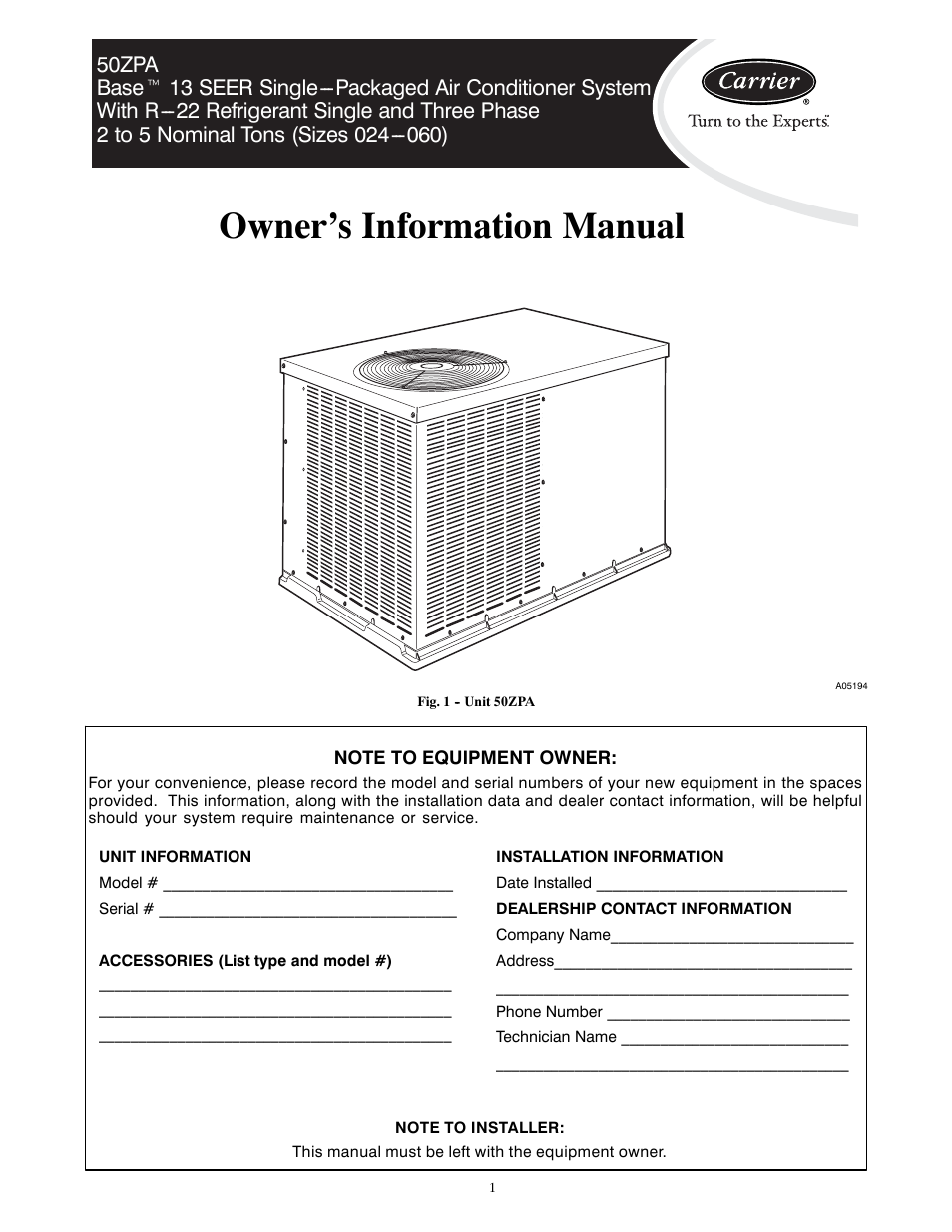 Carrier 50ZPA User Manual | 4 pages