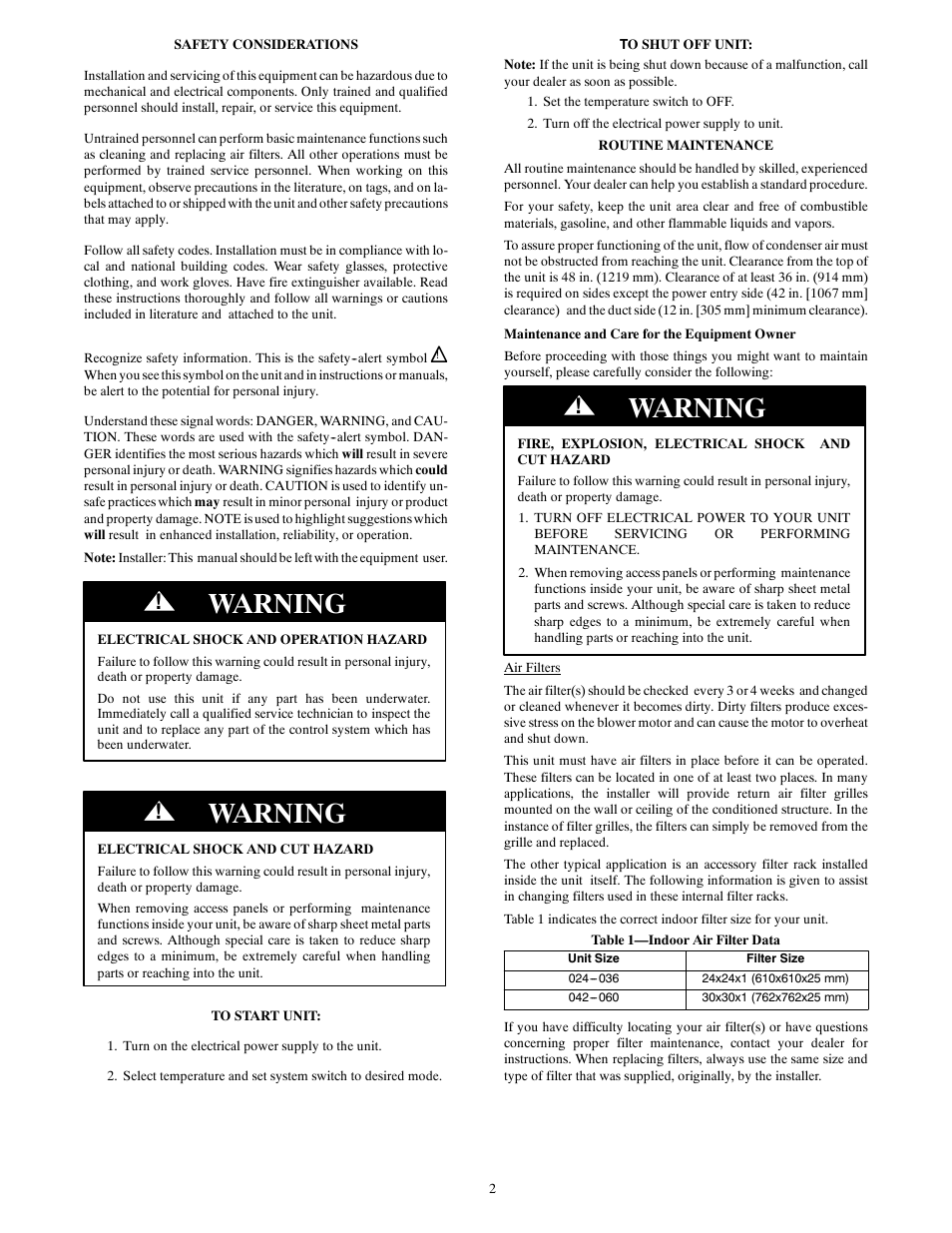 Warning | Carrier 50ZPA User Manual | Page 2 / 4