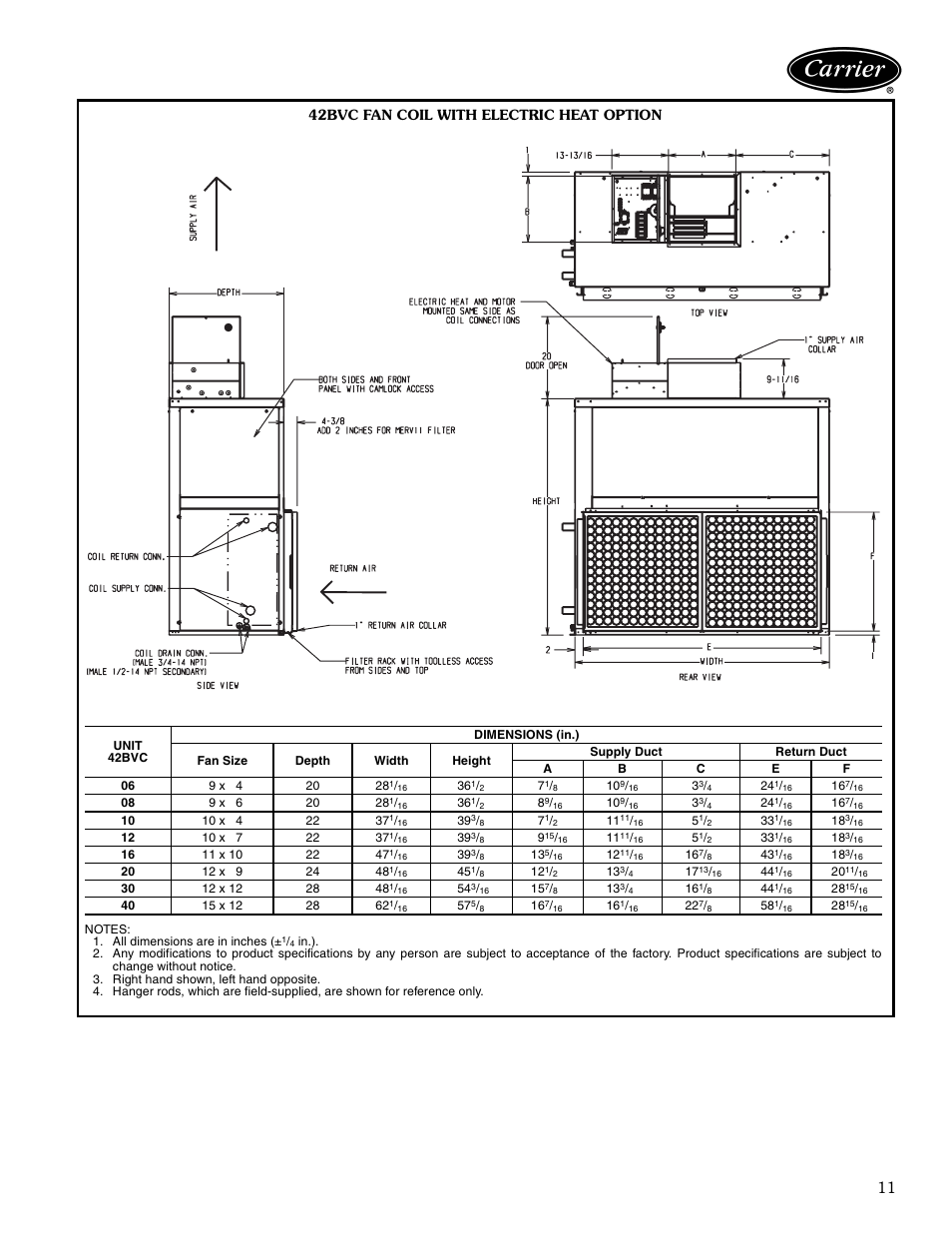 42bvc fan coil with electric heat option | Carrier AIRSTREAM 42BHC User Manual | Page 11 / 40