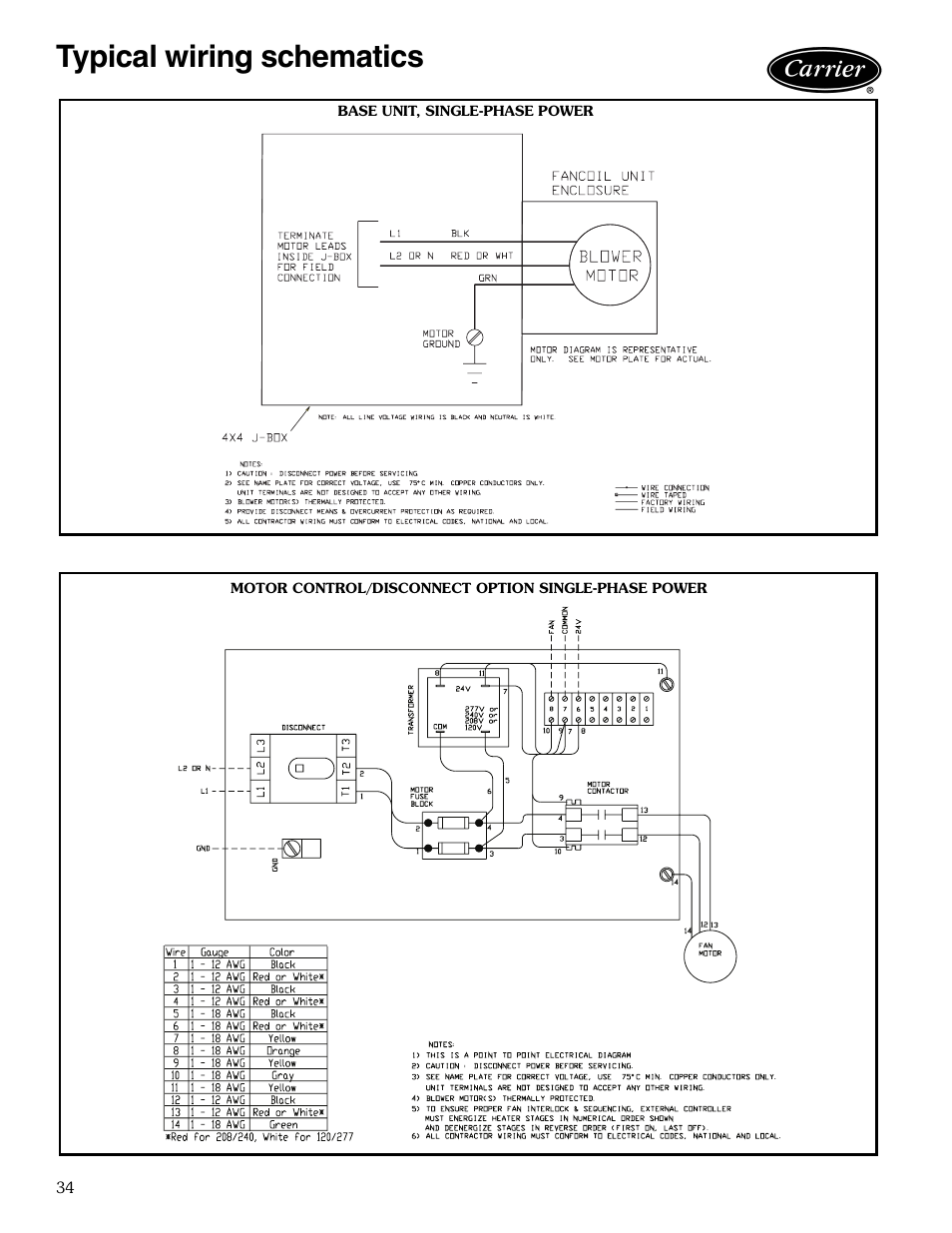 Typical wiring schematics, Base unit, single-phase power, Motor control/disconnect option single-phase power | Typical wiring schematics -36 | Carrier AIRSTREAM 42BHC User Manual | Page 34 / 40