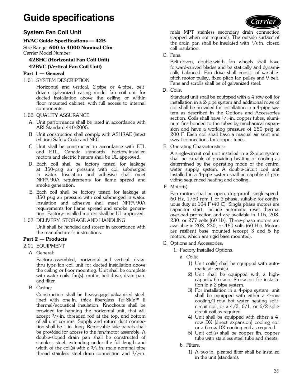 Guide specifications, Guide specifications ,40 | Carrier AIRSTREAM 42BHC User Manual | Page 39 / 40