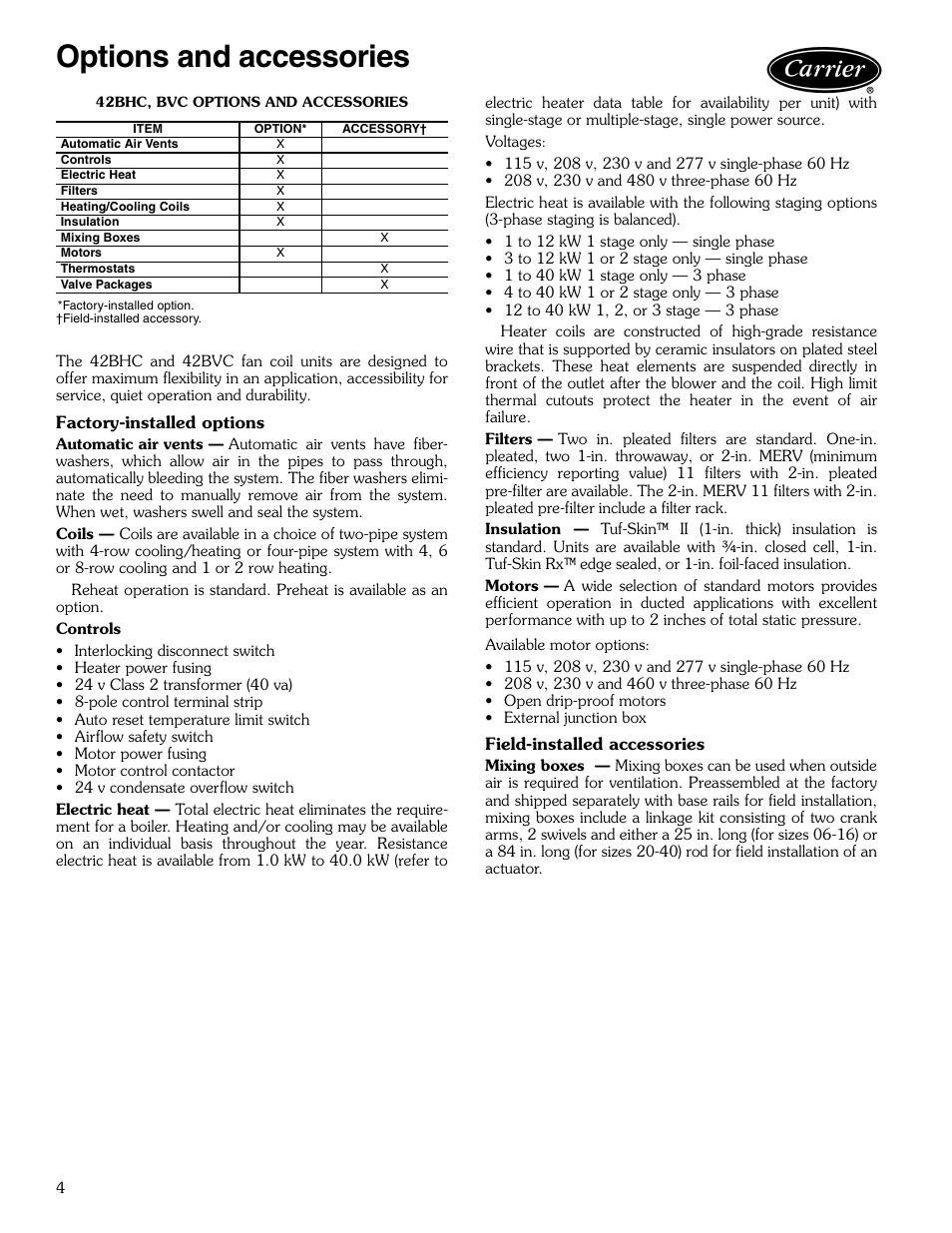 Options and accessories, Options and accessories ,5 | Carrier AIRSTREAM 42BHC User Manual | Page 4 / 40