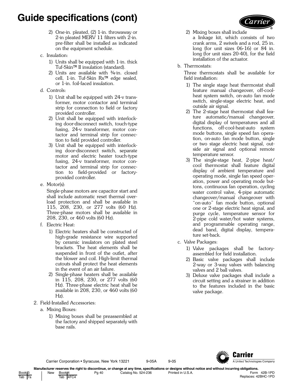 Guide specifications (cont) | Carrier AIRSTREAM 42BHC User Manual | Page 40 / 40
