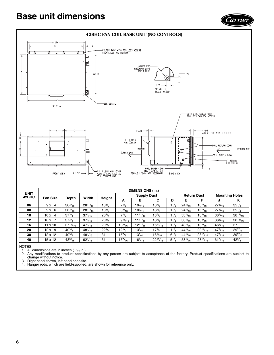 Base unit dimensions, 42bhc fan coil base unit (no controls), Base unit dimensions -13 | Carrier AIRSTREAM 42BHC User Manual | Page 6 / 40