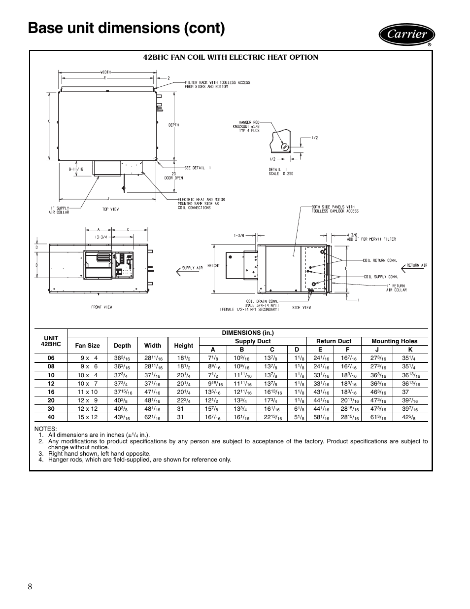 42bhc fan coil with electric heat option, Base unit dimensions (cont) | Carrier AIRSTREAM 42BHC User Manual | Page 8 / 40