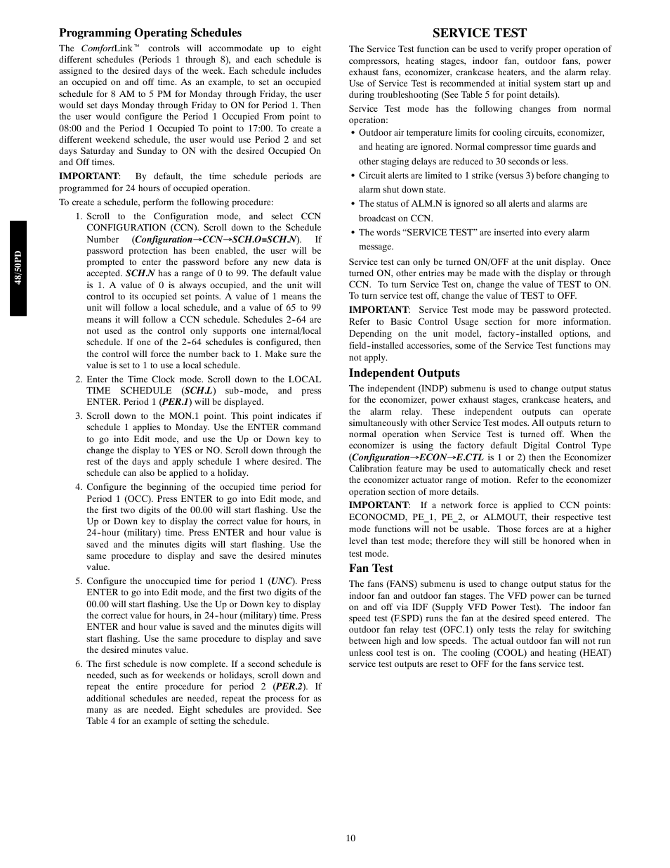 Service test, Programming operating schedules, Independent outputs | Fan test | Carrier 48/50PD05 User Manual | Page 10 / 106