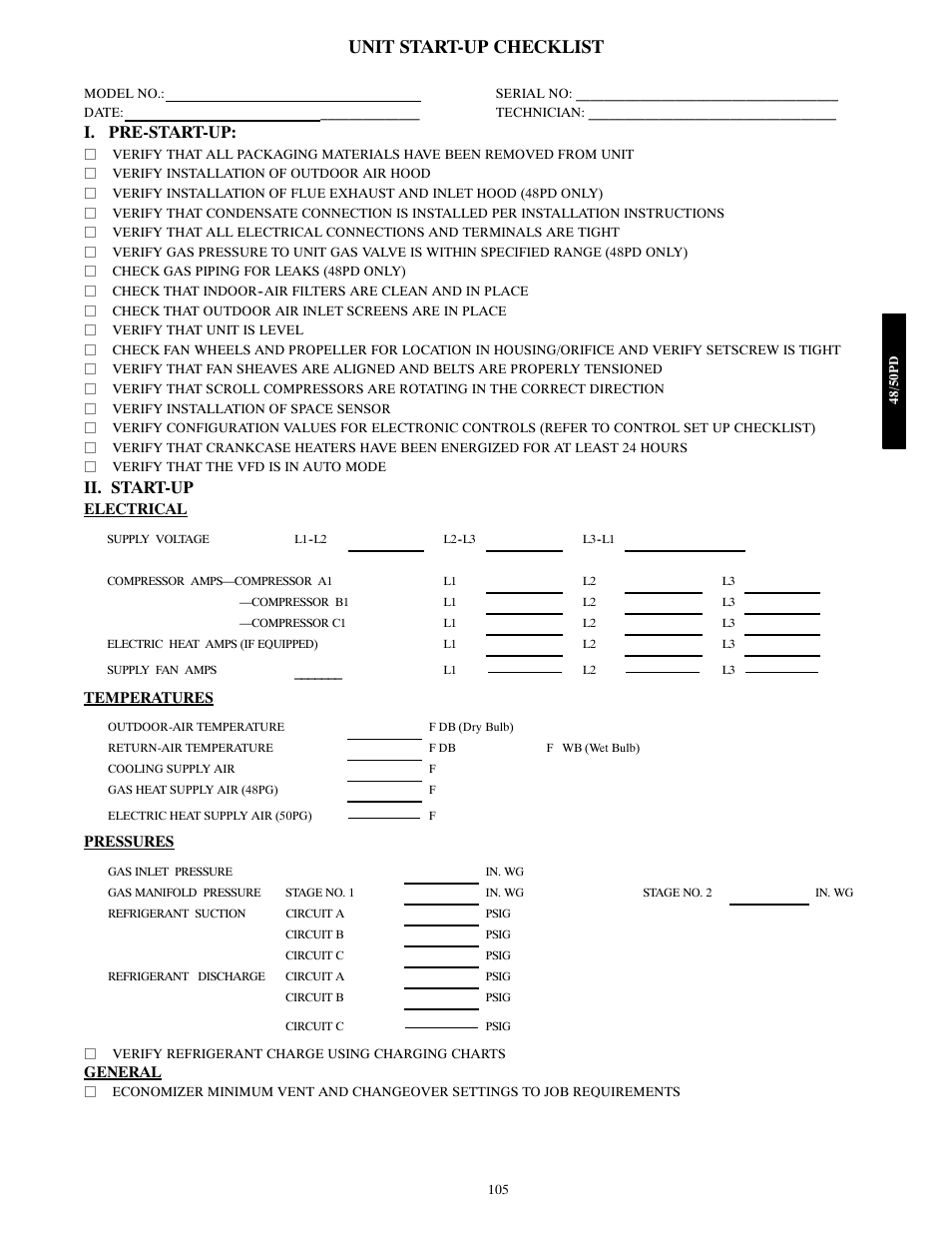 Unit start-up checklist, I. pre-start-up, Ii. start-up | Carrier 48/50PD05 User Manual | Page 105 / 106