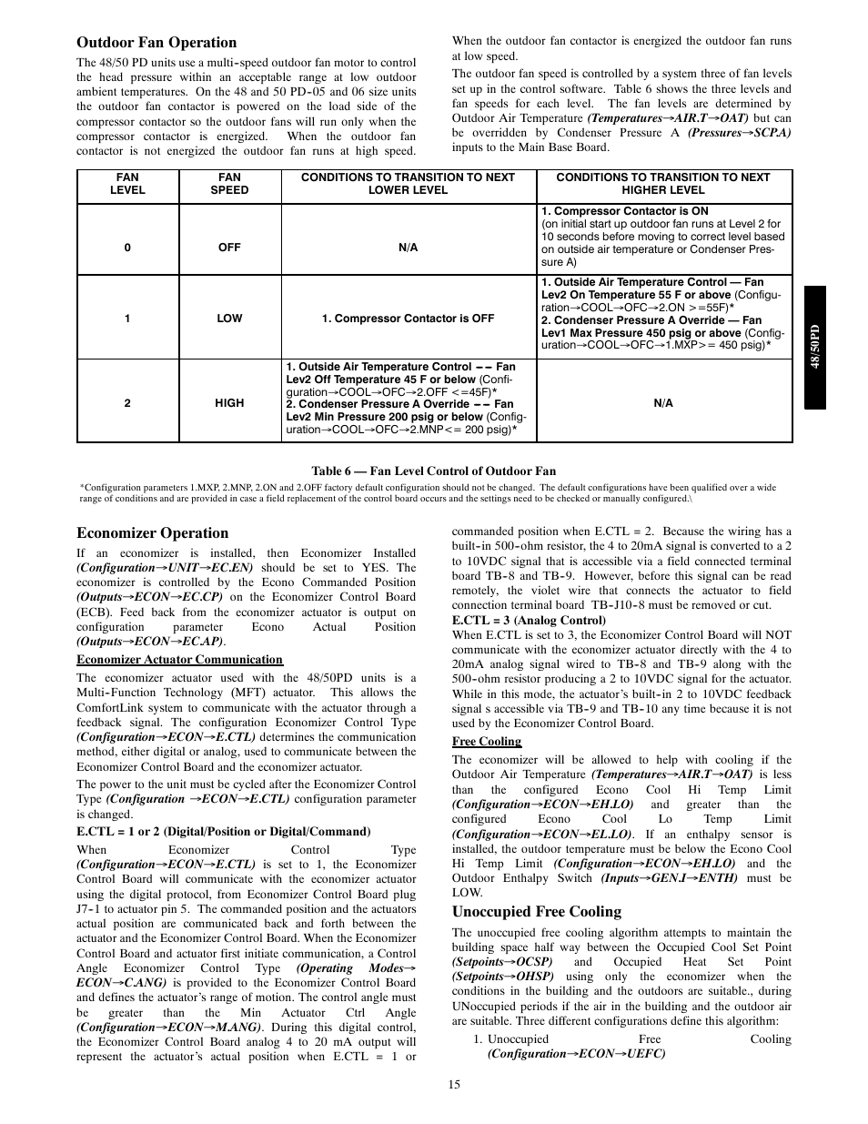 Outdoor fan operation, Economizer operation, Unoccupied free cooling | Carrier 48/50PD05 User Manual | Page 15 / 106