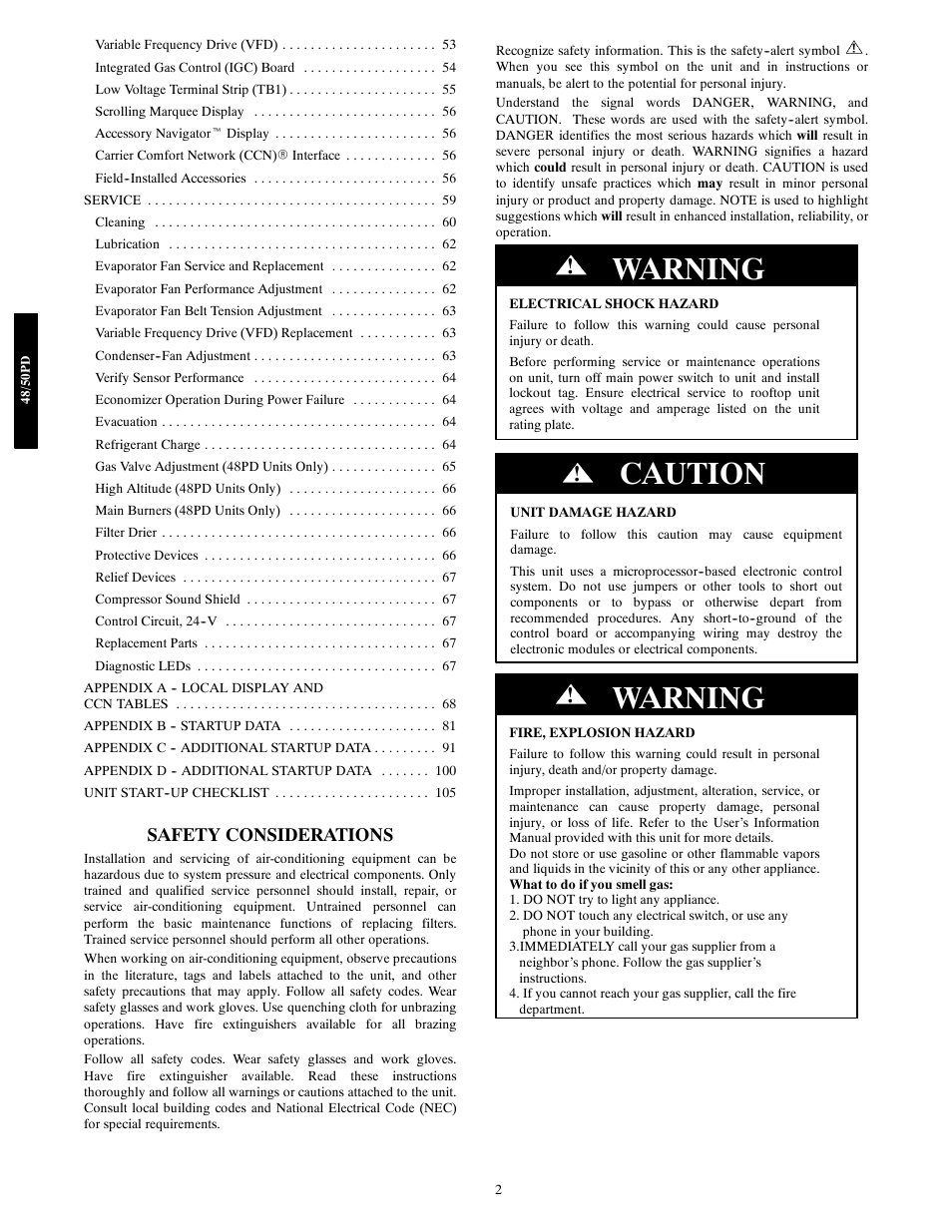 Warning, Caution, Safety considerations | Carrier 48/50PD05 User Manual | Page 2 / 106
