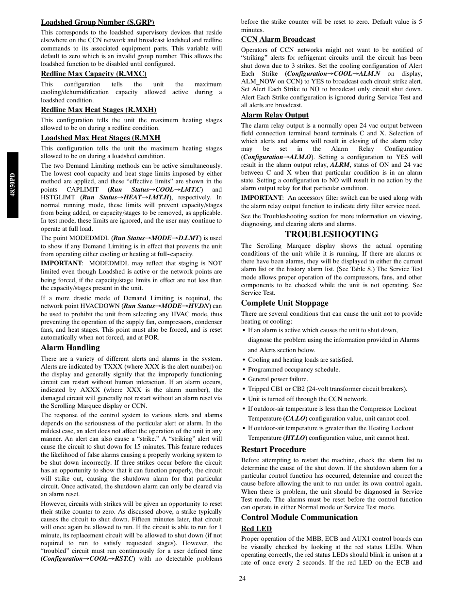 Troubleshooting, Alarm handling, Complete unit stoppage | Restart procedure, Control module communication | Carrier 48/50PD05 User Manual | Page 24 / 106