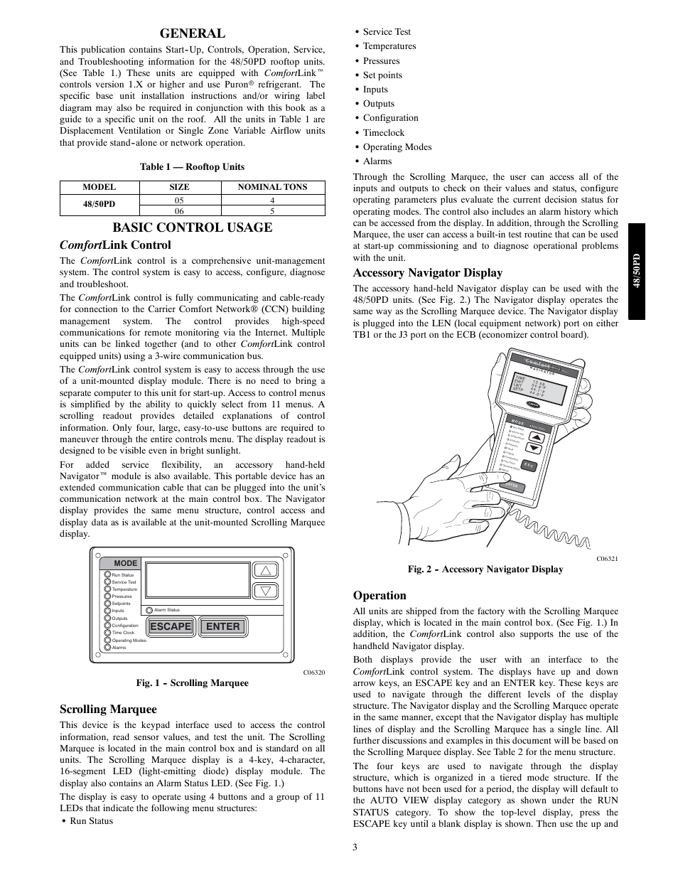General, Basic control usage, Comfort link control | Scrolling marquee, Accessory navigator display, Operation | Carrier 48/50PD05 User Manual | Page 3 / 106