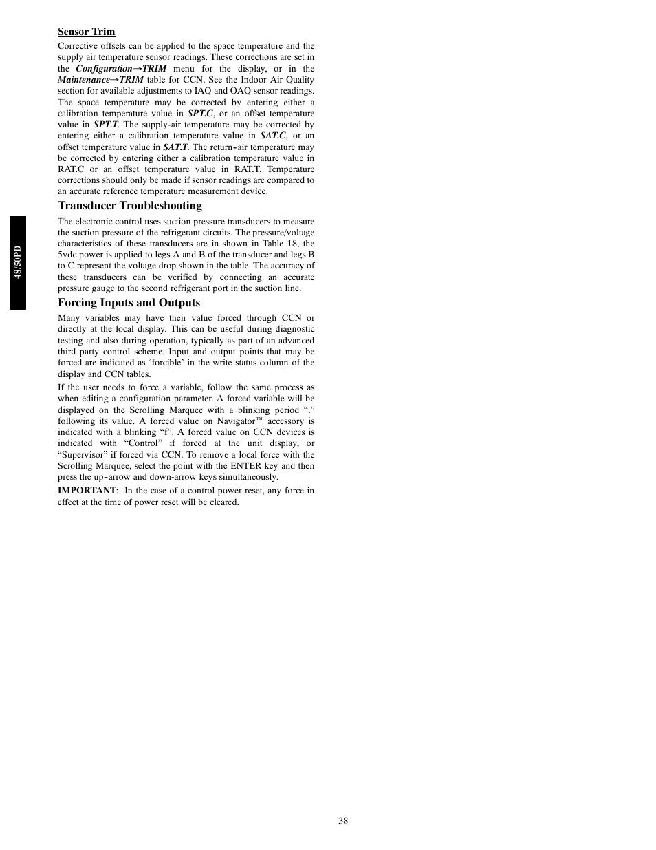Transducer troubleshooting, Forcing inputs and outputs | Carrier 48/50PD05 User Manual | Page 38 / 106