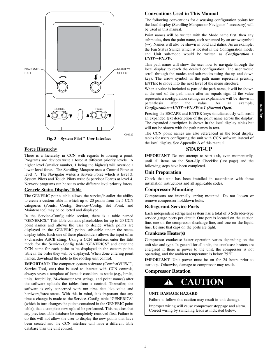 Caution, Start-up, Conventions used in this manual | Unit preparation, Compressor mounting, Refrigerant service ports, Crankcase heater(s), Compressor rotation | Carrier 48/50PD05 User Manual | Page 5 / 106