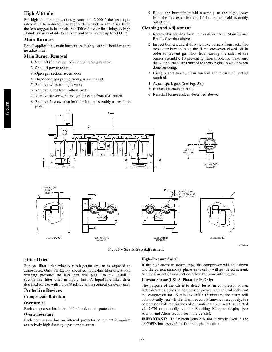 High altitude, Main burners, Filter drier | Protective devices, Main burner removal, Cleaning and adjustment, Compressor rotation | Carrier 48/50PD05 User Manual | Page 66 / 106