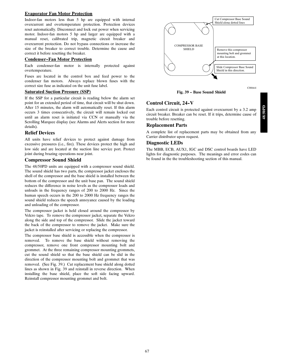 Relief devices, Compressor sound shield, Control circuit, 24--v | Replacement parts, Diagnostic leds | Carrier 48/50PD05 User Manual | Page 67 / 106